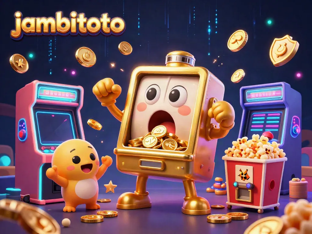Experience the excitement of jambitoto with a delightful 3D golden slot machine hitting the jackpot amidst a vibrant casino scene.