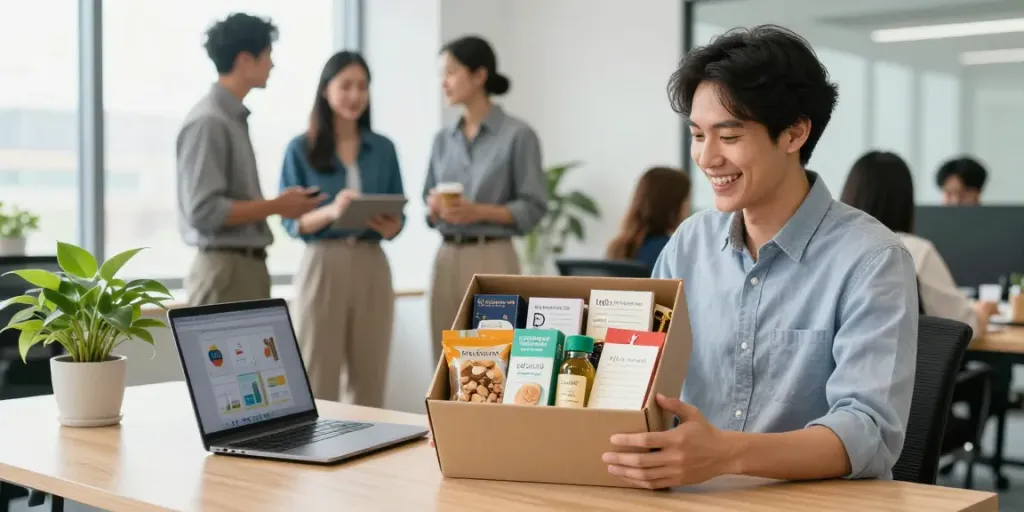 Staff gift boxes filled with gourmet treats and wellness items in a modern office setting, showcasing employee appreciation.