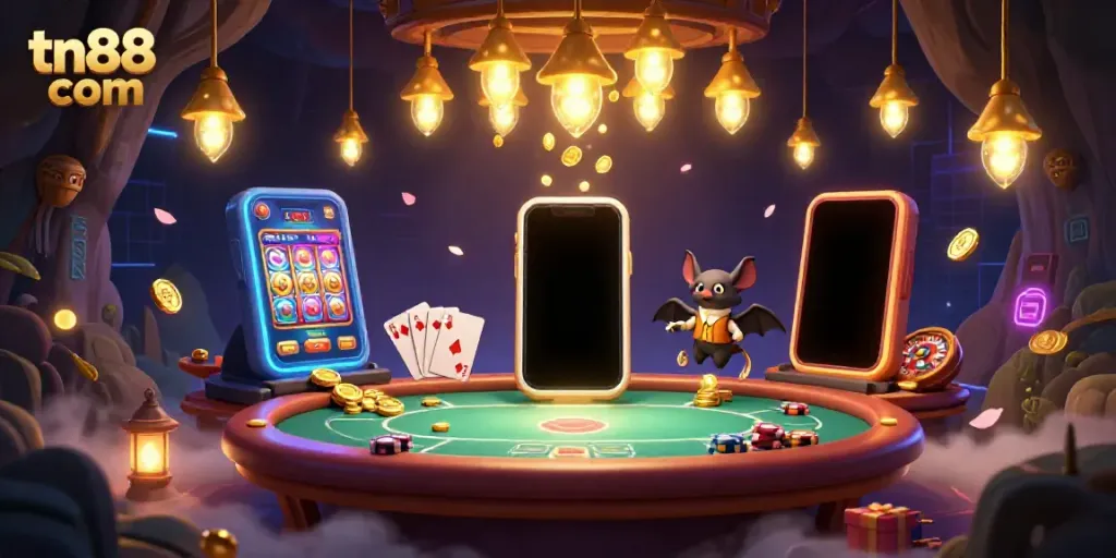 Experience the glow of tn88 com as glowworms illuminate a cave casino with vibrant gaming elements.