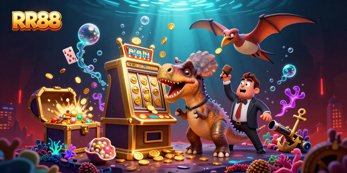 RR88's vibrant casino scene features a pachycephalosaurus winning jackpots amid gold coins and excitement.
