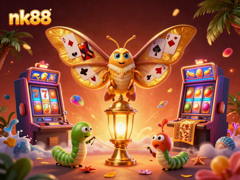 Engage in the vibrant energy of nk88's slots with a golden moth and dynamic casino elements.