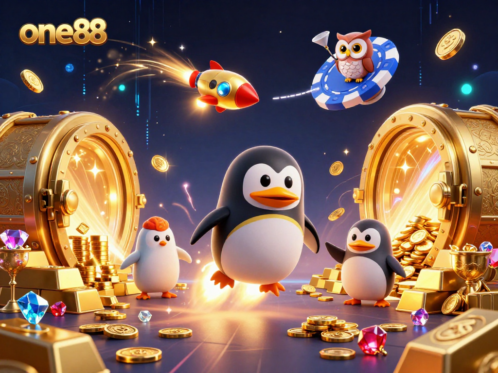 one88's dynamic casino adventure featuring a penguin and treasure as they soar through space.