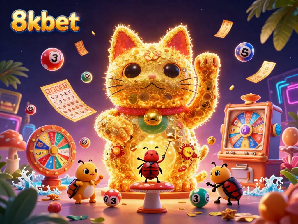 Experience the vibrant world of 8xbet with dynamic casino elements and a lucky cat formed by golden fireflies.