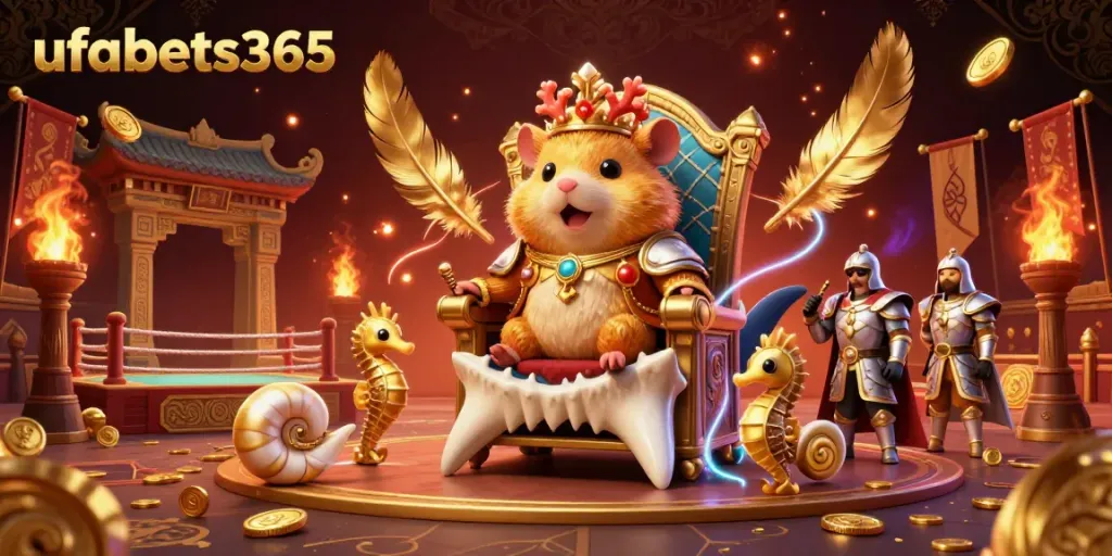 Engage with the thrilling world of ufabets365 featuring a fierce golden hamster king on a megalodon throne amidst an electrifying casino setting.