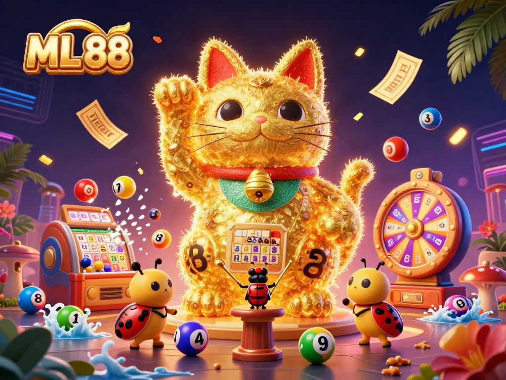 Engage with the excitement of ML 88's vibrant casino scene featuring a golden lucky cat and dynamic lottery elements.