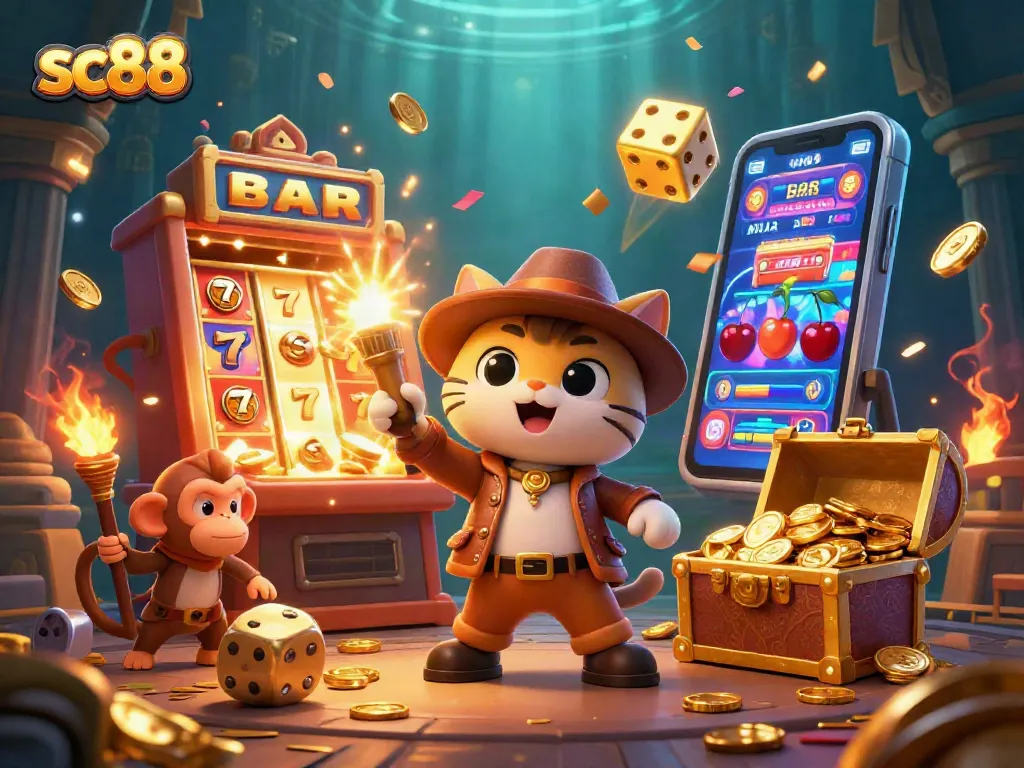 Engage with sc88's premier casino experience featuring a cartoon cat and monkey amidst dynamic gaming symbols.