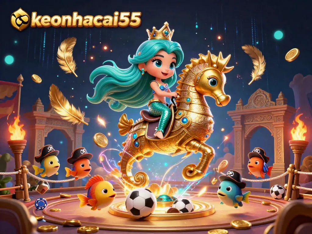 Experience thrilling sports betting action with keonhacai55 as a mermaid princess and seahorse fight for victory amidst vibrant underwater elements.