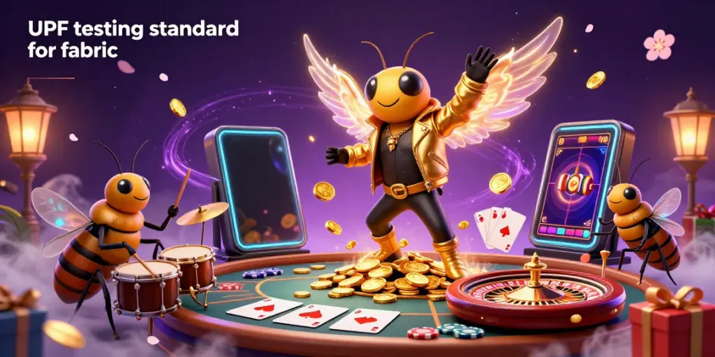 Experience the vibrant action of the UPF testing standard for fabric in a lively casino scene with animated characters and dynamic elements.