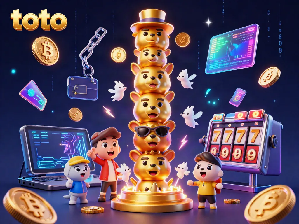 Toto showcases a vibrant 3D totem pole surrounded by glowing cryptocurrency symbols and engaging slot game elements.
