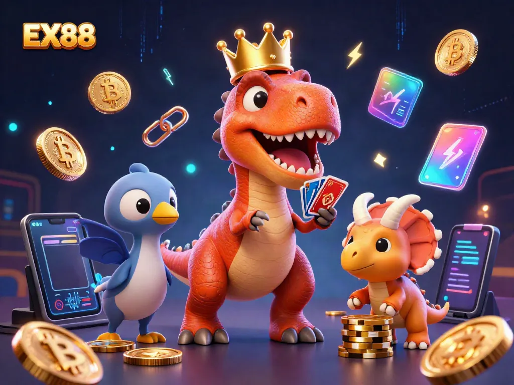 Experience the thrill of gaming at EX88 with a playful scene of cartoon dinosaurs in a casino setting.