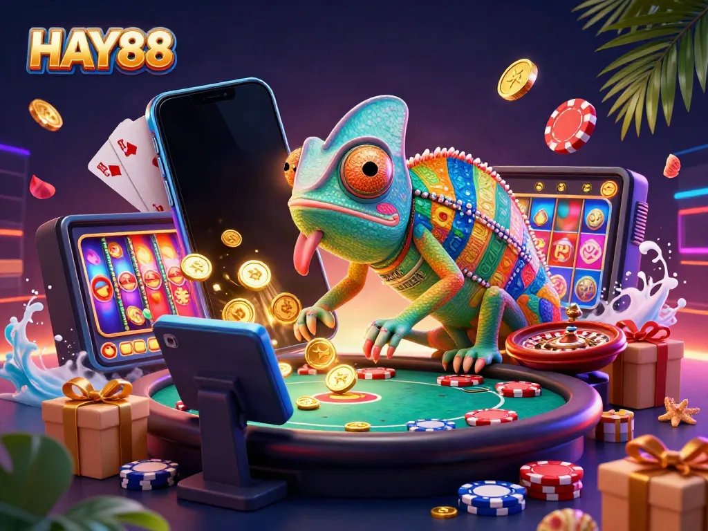 Experience thrilling gameplay with HAY88 as the colorful chameleon casino owner captures golden coins amidst vibrant games.