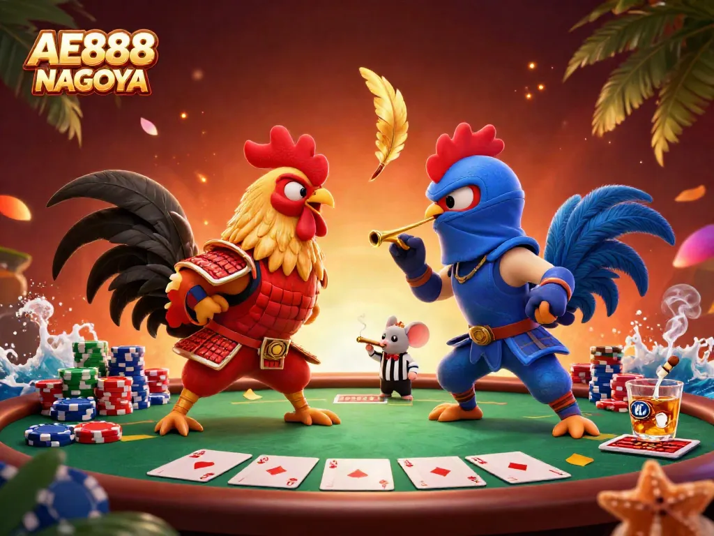 Watch twin roosters battle in AE888 NAGOYA's ultimate poker showdown with colorful chips and a referee.