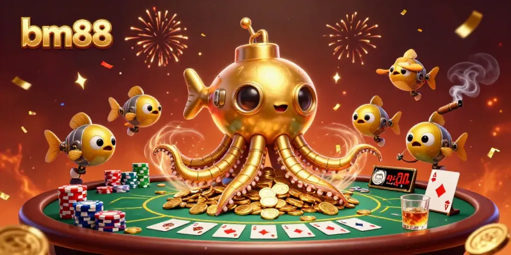 Experience exciting gameplay with bm88, featuring a kraken submarine amidst poker chips and cards.