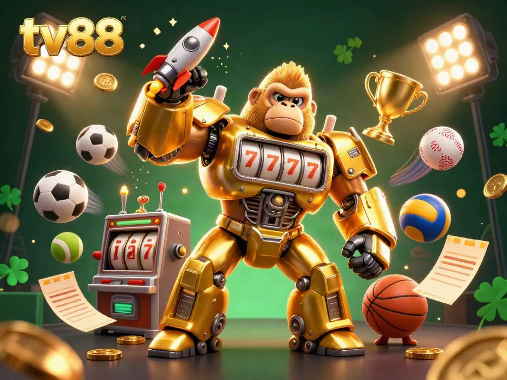 Experience the excitement of tv88 with a dynamic golden gorilla mech and flying sports balls in a vibrant casino setting.