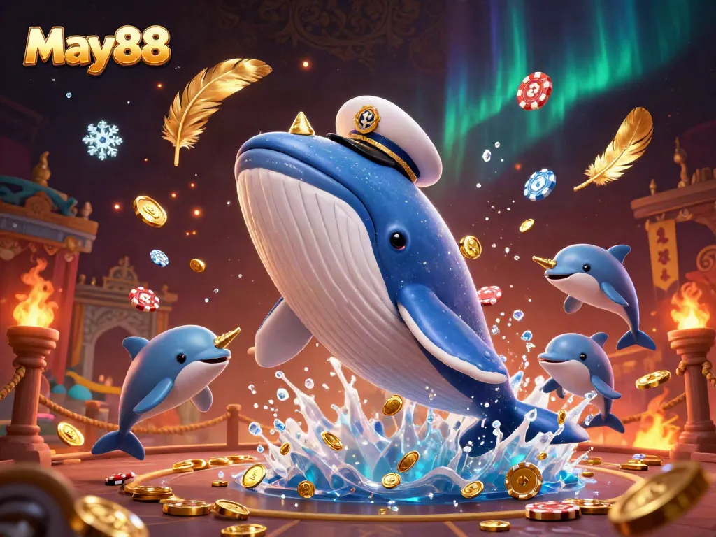 Experience excitement with May88, featuring a 3D whale, narwhal, and dolphins in an energetic casino setting.