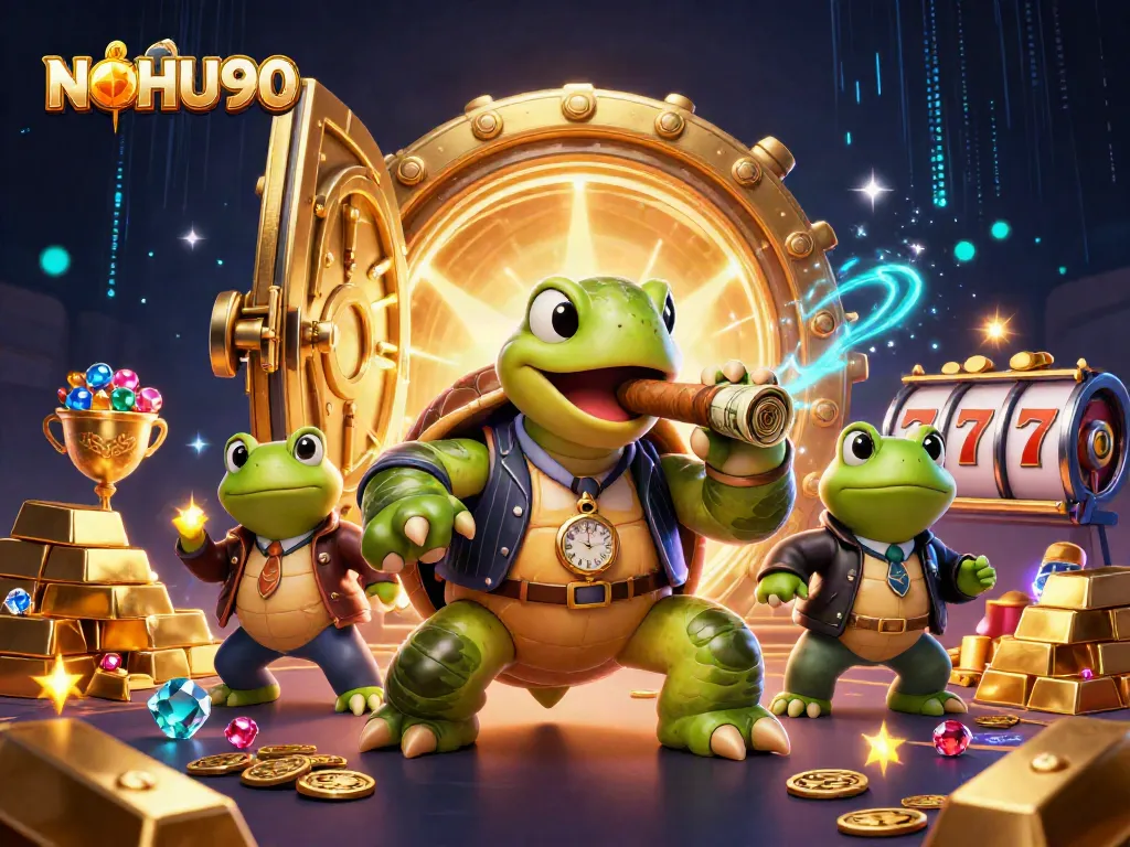 Engage with NOHU90's thrilling world of slots and jackpots featuring a cartoon turtle mobster.