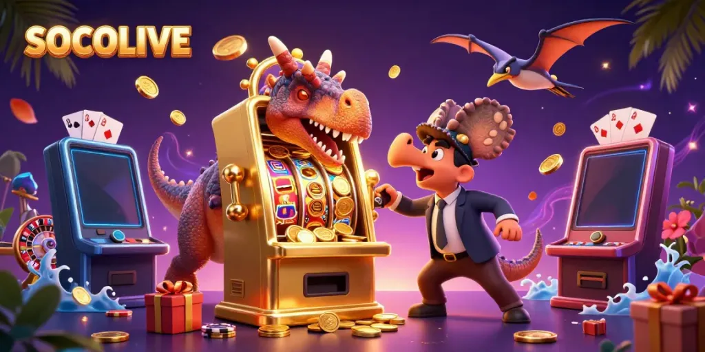 SOCOLIVE features a pachycephalosaurus celebrating a jackpot win at a casino with flying golden coins and vibrant game elements.