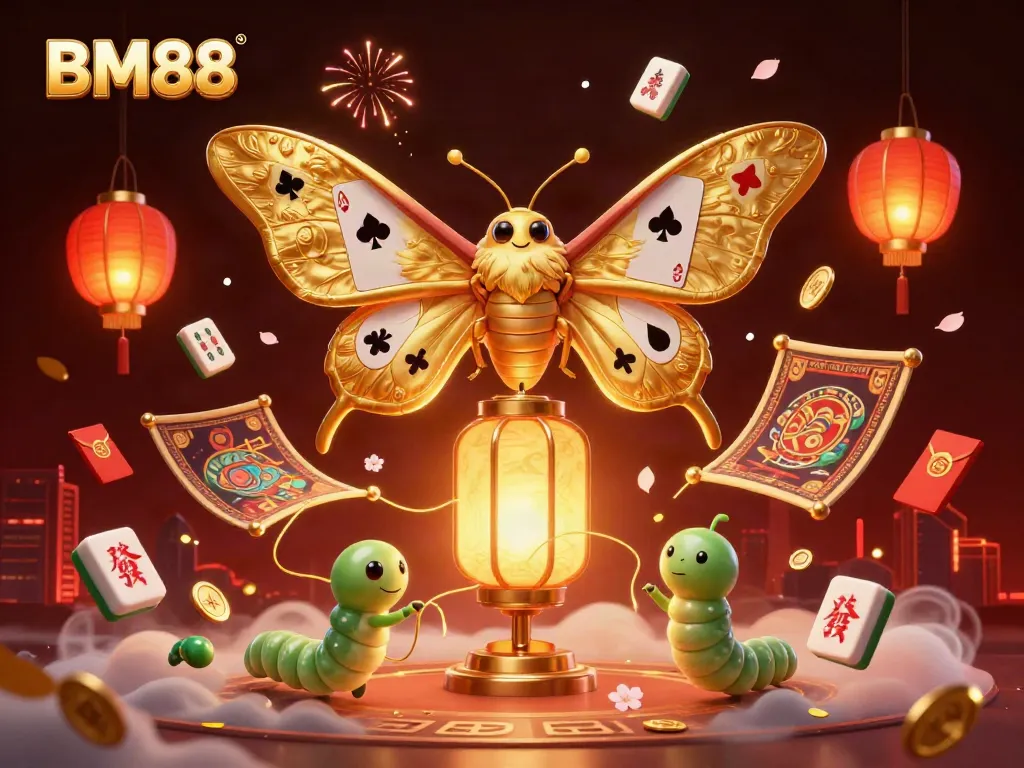 Engage in thrilling games at BM88, where golden wings and casino icons blend in a vibrant illustration.