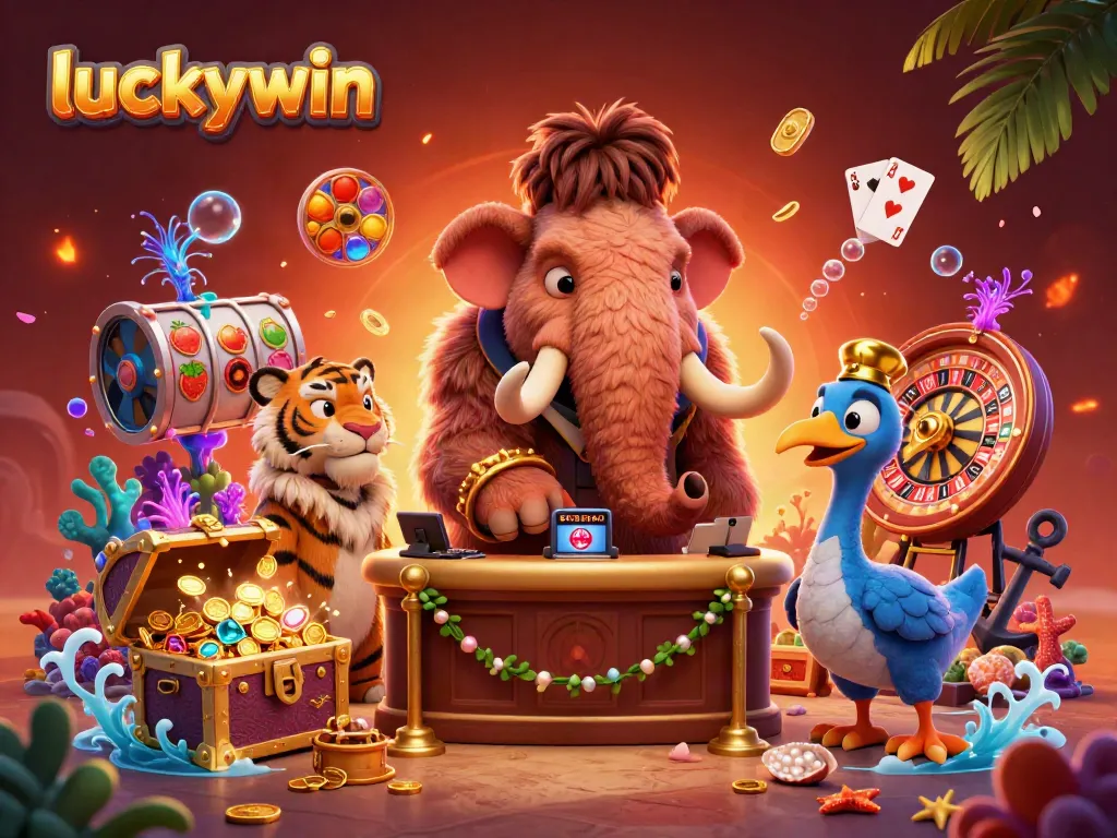 Immerse in luckywin's vibrant casino world with playful characters and dynamic gaming elements.
