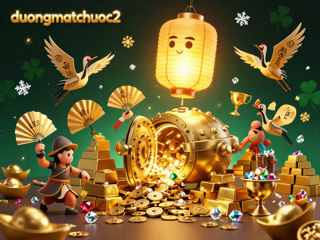 Engage in duongmatchuoc2 with a vibrant 3D casino scene featuring lucky symbols and golden treasures.