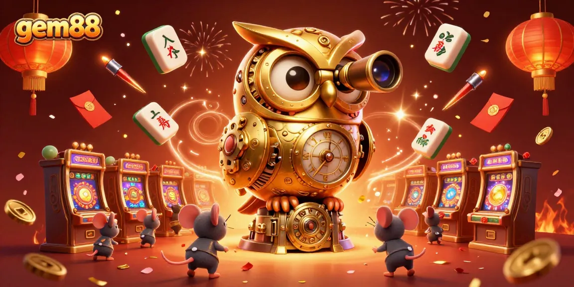 Experience gem88's vibrant casino world with golden owl, lively tiles, and festive decorations.