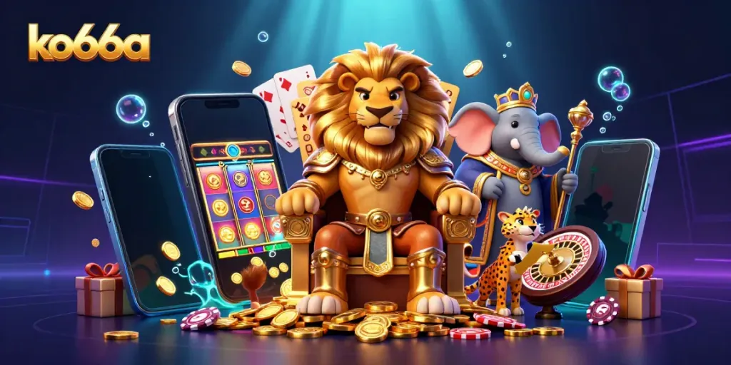 Experience thrilling gameplay at ko66a with a majestic lion king, elephant advisor, and cheetah messenger in a vibrant casino setting.