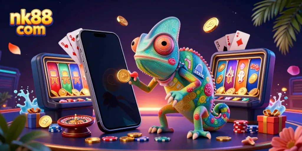 Engage with the colorful casino world of nk88 com featuring a playful chameleon, slot graphics, and vibrant games.