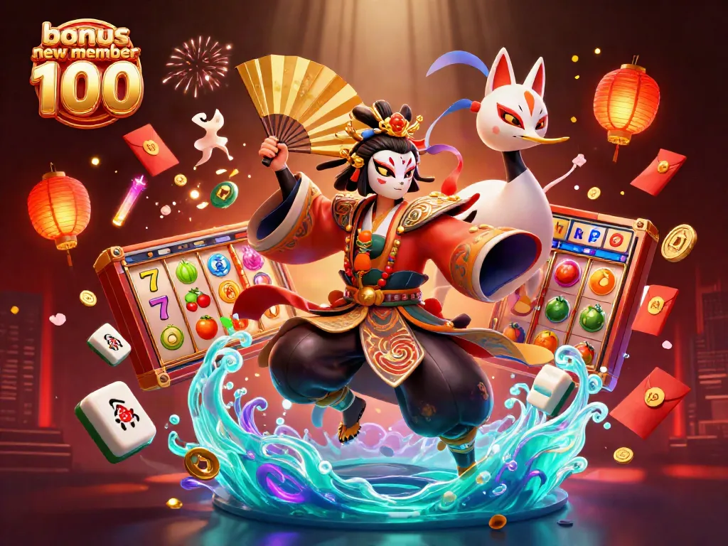 Engage with bonus new member 100 in an exciting casino experience illustrated through kabuki warrior and vibrant slot elements.