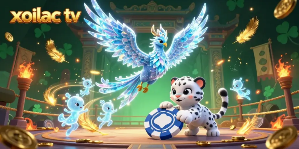 Xoilac TV showcases a vibrant 3D illustration with a playful phoenix and snow leopard, embodying dynamic casino energy.