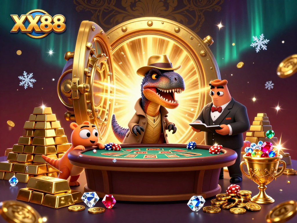 Exciting XX88 gambling scene with dinosaurs, electrifying card play, and dazzling treasures!