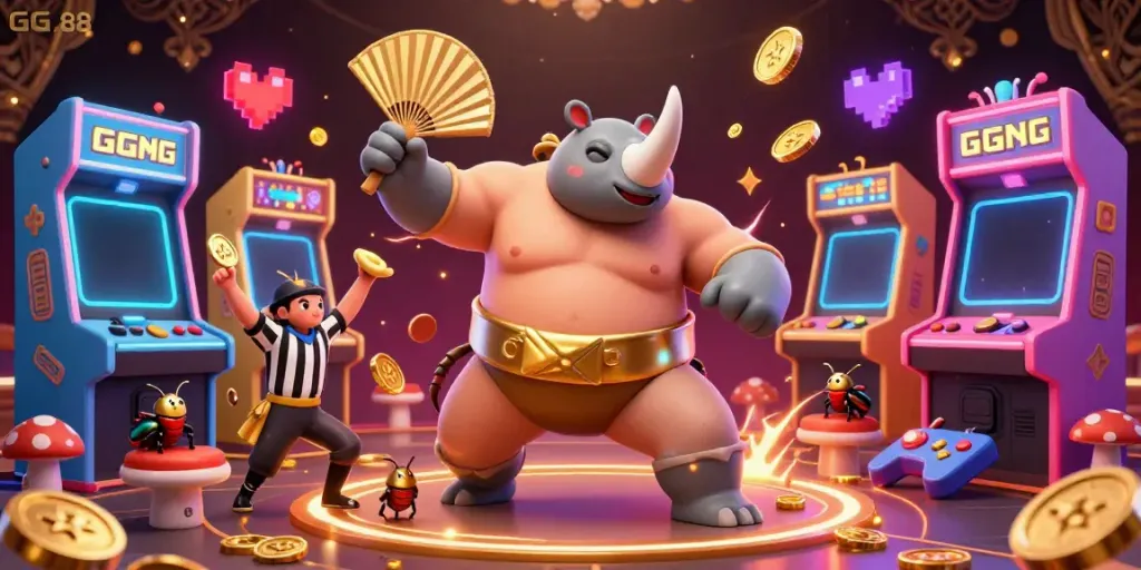 Experience the thrilling casino world with GG 88 through a dynamic 3D illustration of characters and gaming elements.
