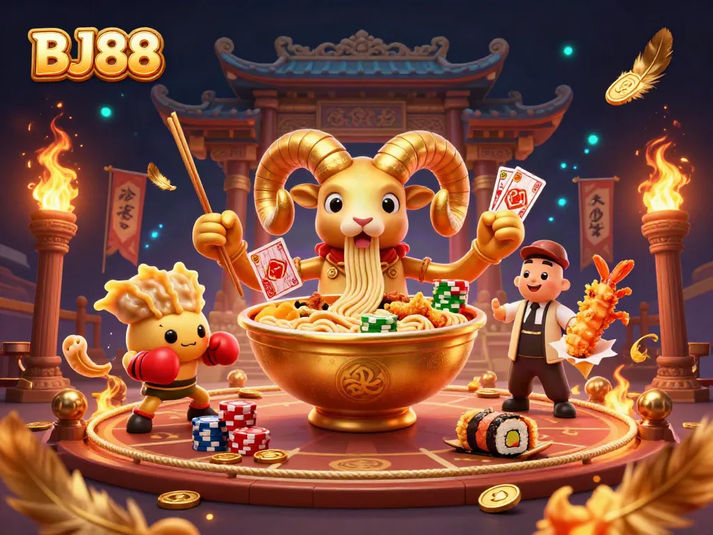 BJ88 showcases an entertaining scene with a giant ramen bowl character dealing cards and chips.