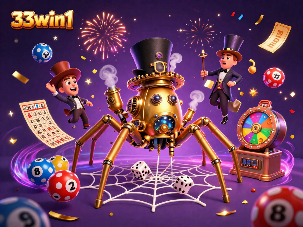 33win1 showcases a golden spider web of luck and fun with vibrant gambling elements.