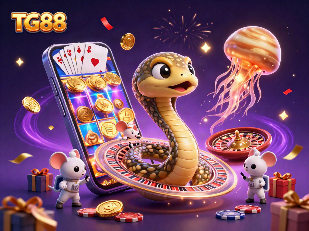 Spin to win big with TG88 in this vibrant, dynamic 3D casino illustration.