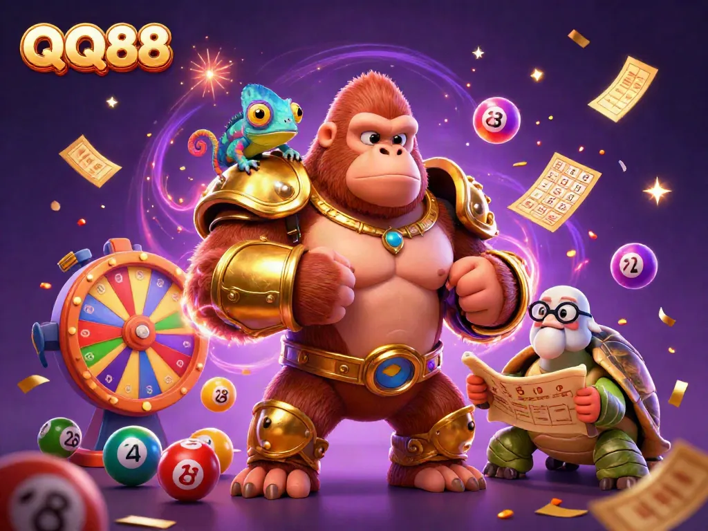 Engage with QQ88's thrilling lottery scene featuring a dynamic 3D gorilla and gambling elements.