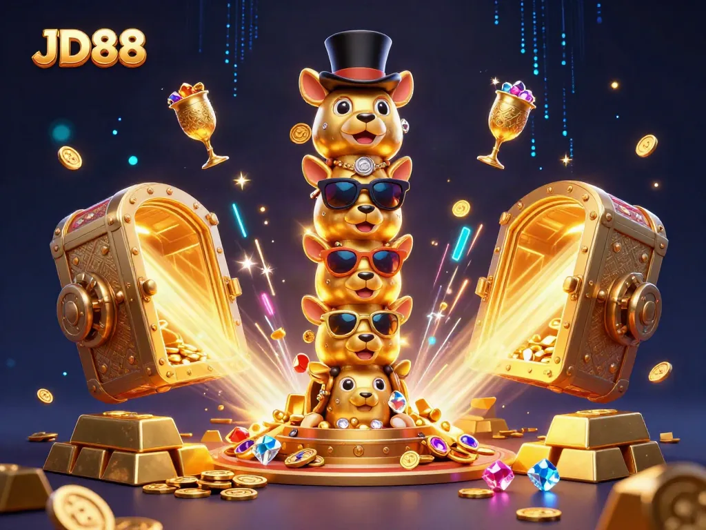 Experience the excitement at JD88 with golden totem characters and dazzling casino treasures in a vibrant 3D illustration.