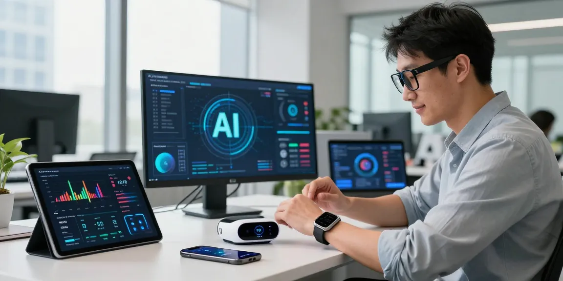 Engaged user exploring AI wearables with smart glasses and smartwatch in modern office.