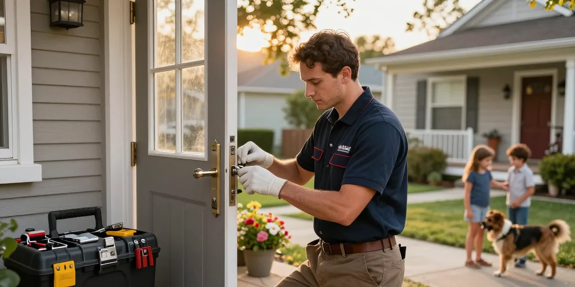 Local locksmith Fort Lauderdale repairing a residential door lock in a suburban neighborhood, showcasing professional expertise and community trust.