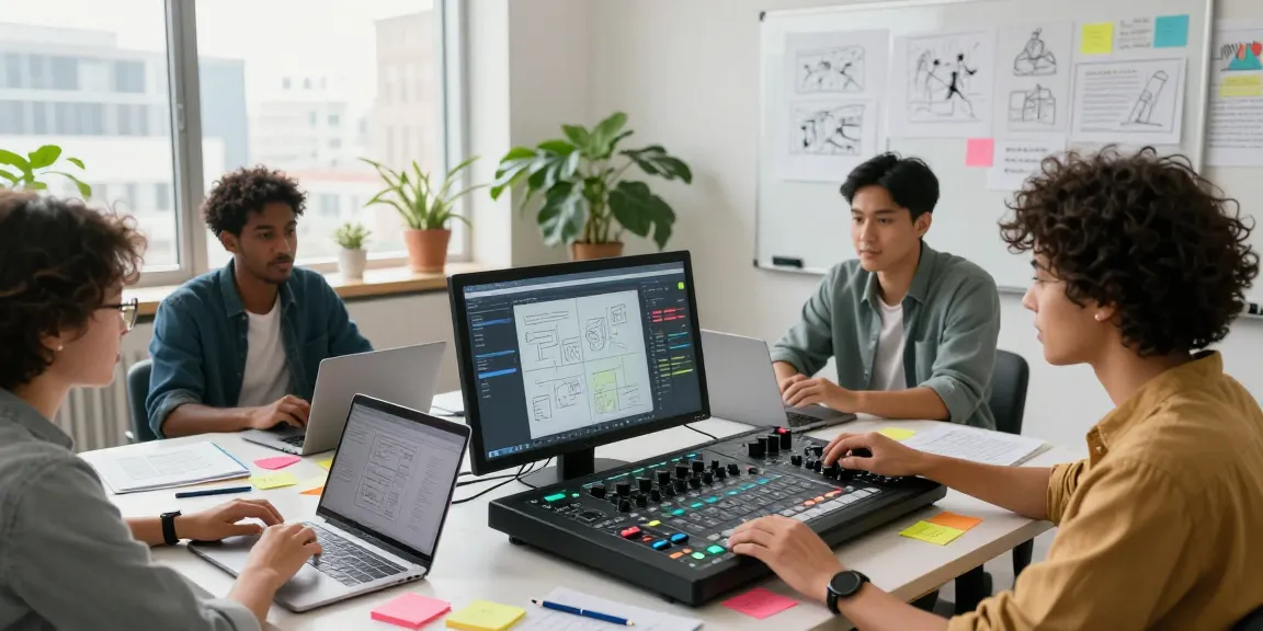 Diverse team collaborating on a digital mix board in a bright office, promoting innovative creative ideas.