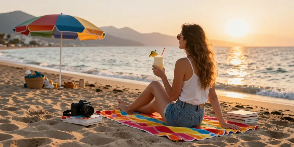 Traveler enjoying Antalya weather in July, relaxing on a sunny beach with a cocktail under a colorful umbrella.