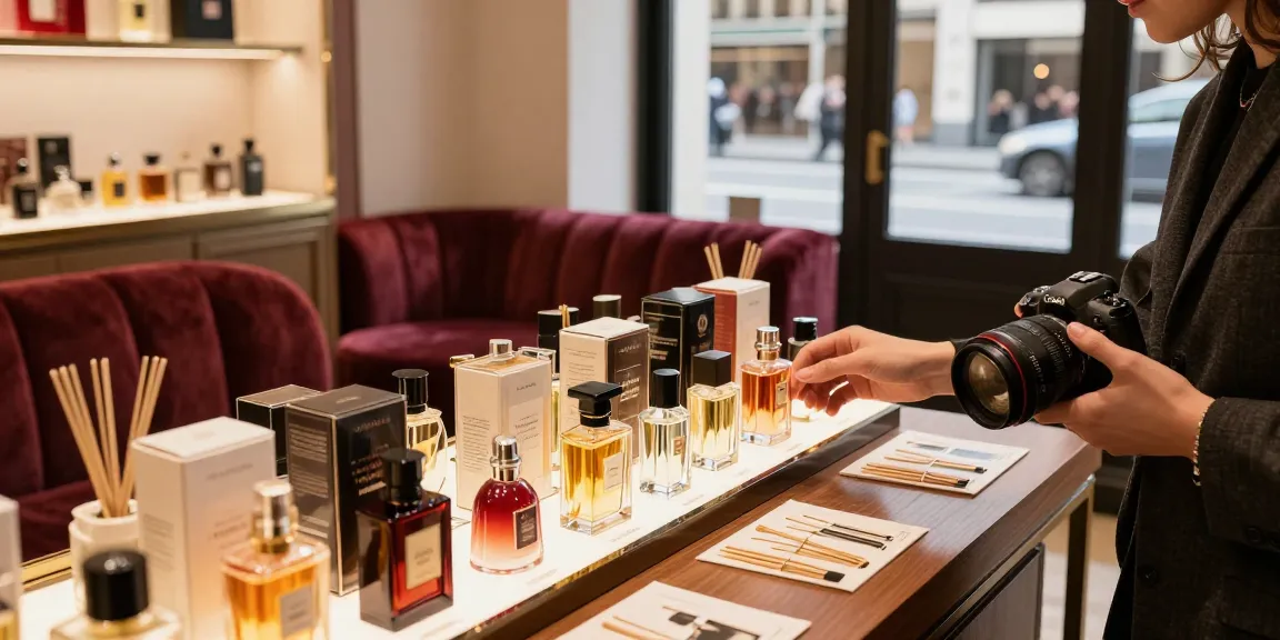 Discover Your Perfect Scent with an elegant display of fragrances in a luxurious boutique.