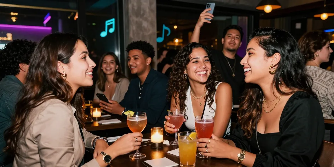 Lively urban nightlife scene showcasing friends enjoying drinks and laughter, highlighting the social experience of ai slut culture.