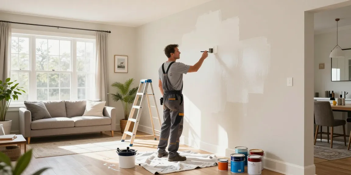 Experienced lincoln painter applying fresh paint in a beautifully lit living room.