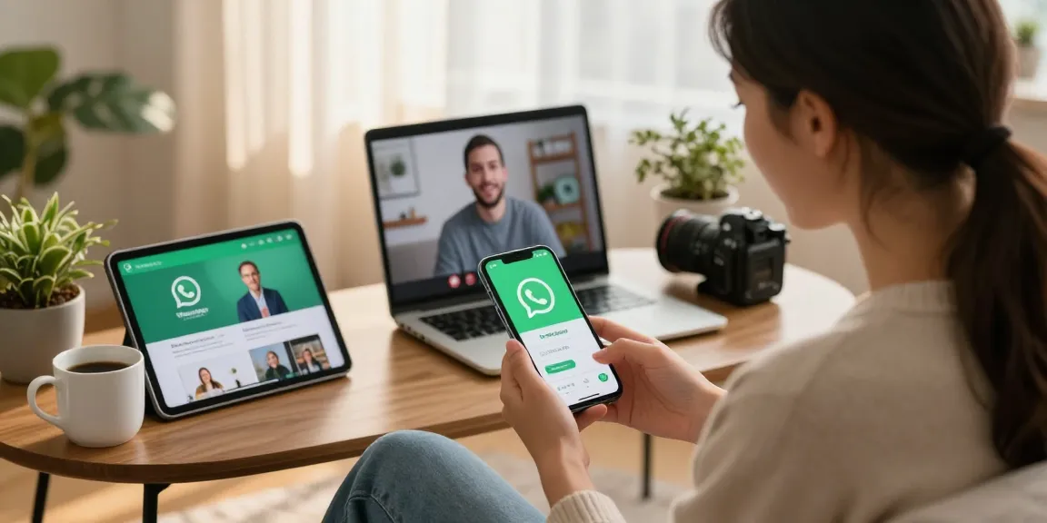 Engaged user downloading WhatsApp下載 on a smartphone in a cozy living room.