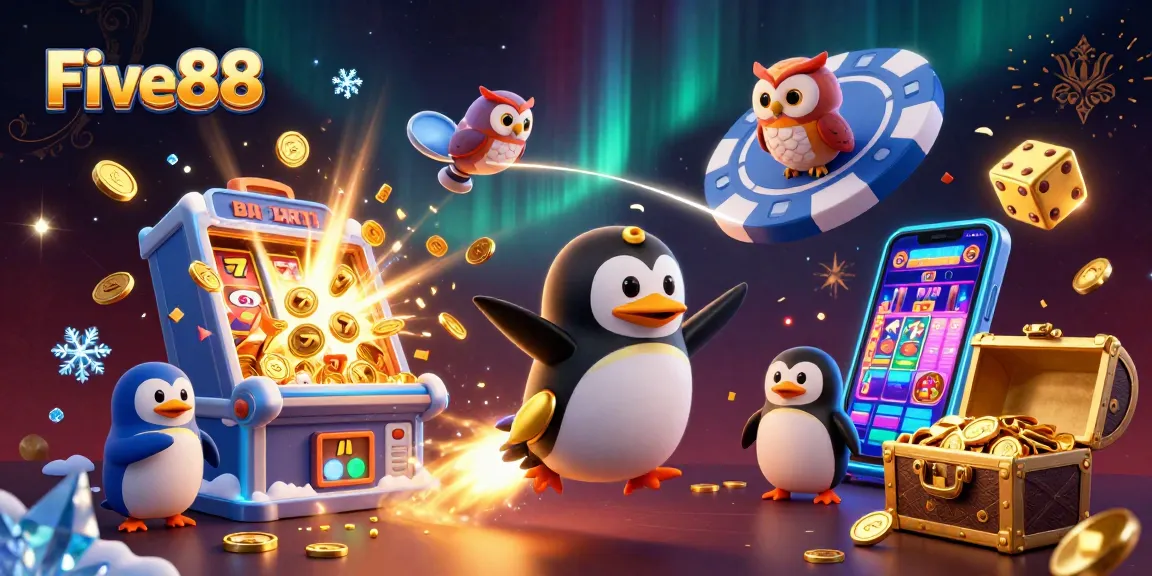 Experience thrilling gaming at Five88 with the penguin spaceship and dynamic casino elements in space.