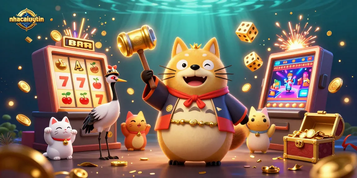Engage with nhacaiuytin's vibrant casino scene featuring a cheerful tanuki, lucky symbols, and a jackpot explosion.