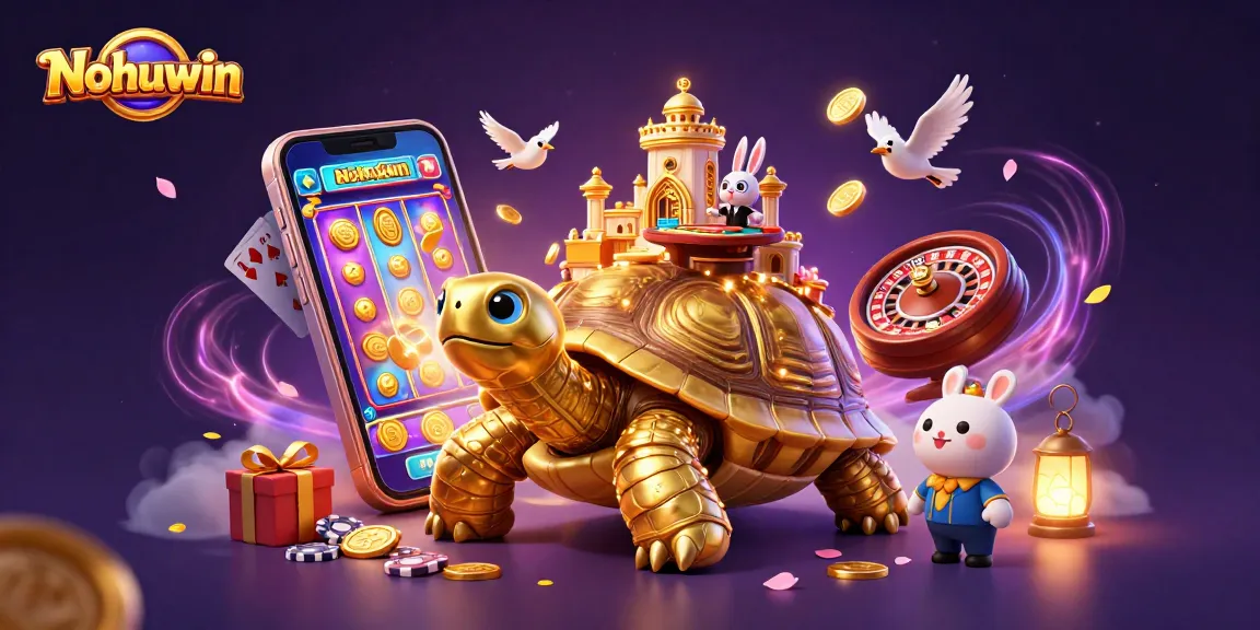 Nohuwin players enjoy vibrant slot games in a whimsical casino scene with dynamic characters