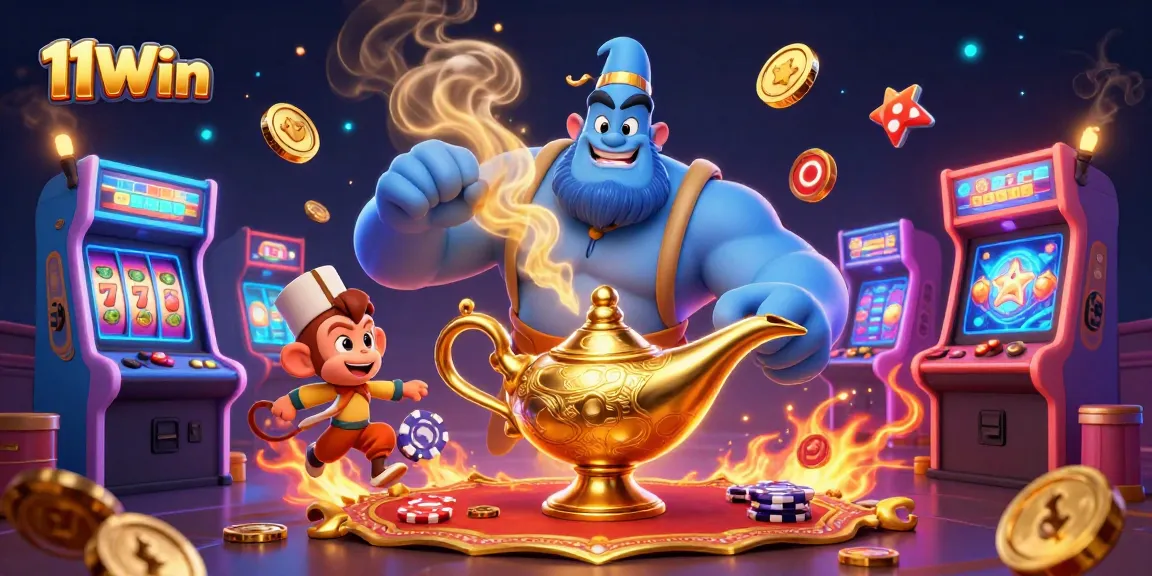Experience thrilling gameplay with 11Win, as the genie and monkey bring luck in an exciting casino setting.