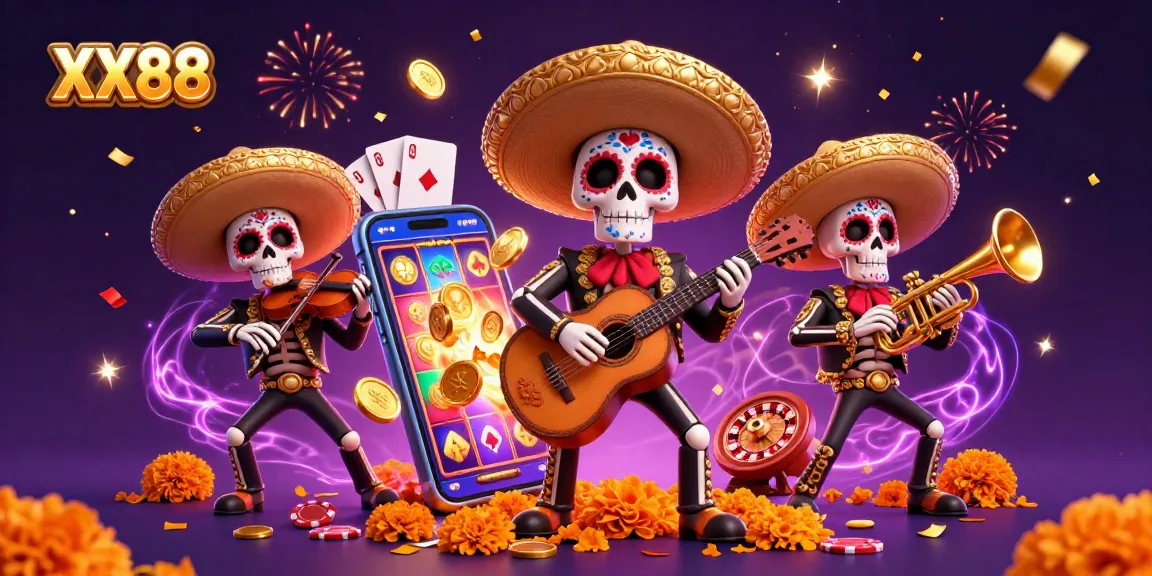 Experience winning thrills at XX88 with vibrant slot games, lively mariachi band, and festive visuals.