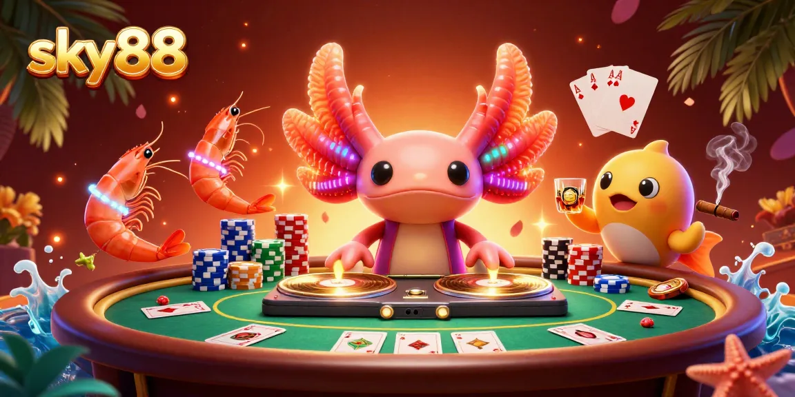 Experience sky88 with a vibrant casino vibe featuring a DJ, dancing creatures, and poker action.
